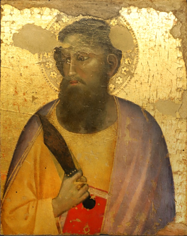 Half-length panel of Saint Bartholomew, bearded with dark hair, glancing to the right, holding a flaying knife and a red book, wearing a yellow tunic and violet mantle against a gold ground with a punched halo; attributed to Allegretto Nuzi, c. 1350, Orvieto, Museo dell'Opera del Duomo