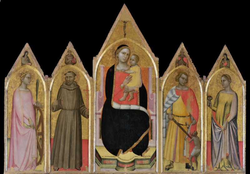 Gothic polyptych on gold ground by Allegretto Nuzi, 1366, in five pointed compartments: in the centre the Virgin in a dark mantle over a red gown, enthroned on a pink marble throne, holding the Christ Child in a yellow tunic, with a small Crucifix in the gable; on the left Saint Catherine, crowned, in pink, with palm and wheel, and Saint Francis in a brown habit showing the stigmata and holding a cross; on the right Saint Martin in a yellow tunic cutting his red cloak with a sword for a small half-naked beggar, and Saint Lucy in yellow and lilac holding a burning lamp and a palm; small half-length Franciscan saints in the side gables