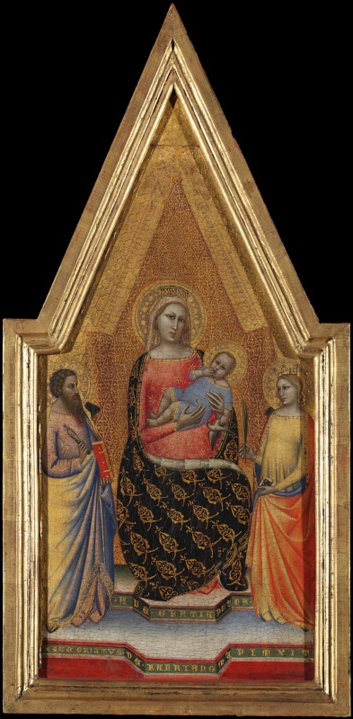 Small gabled panel by Allegretto Nuzi on gold ground: the crowned Virgin in a red gown and a dark mantle with gold ornament, seated before a red and gold brocade cloth of honour, holding the Christ Child in a blue tunic who reclines across her lap with his hand at his mouth and a small bird; on the left Saint Bartholomew, bearded, holding a knife and a red book; on the right Saint Catherine, crowned, in yellow and orange, holding a palm; inscriptions on the step of the throne and along the base