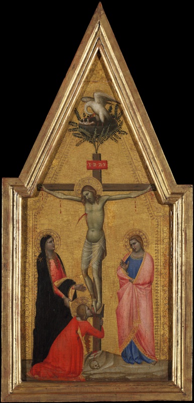 Small gabled panel by Allegretto Nuzi on gold ground: Christ dead on the Cross with blood flowing from his wounds down to a rock where a skull lies; Mary Magdalene in red kneels and kisses his feet; the Virgin in a dark mantle stands on the left and Saint John in a blue tunic and pink mantle on the right; above the red titulus INRI the top of the Cross sprouts leaves, and a pelican feeds its young with its blood in a nest in the gable
