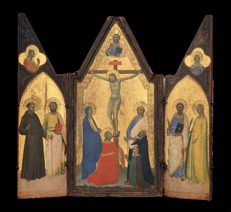 Small portable triptych by Allegretto Nuzi on gold ground with hinged wings: in the centre Christ on the Cross between the Virgin in blue and Saint John, with Mary Magdalene in red kneeling and embracing the Cross and a Dominican saint presenting a small kneeling woman in green; the blessing Christ in the gable; on the left wing Saint Francis in a brown habit and a bearded saint with staff and red book; on the right wing a bearded saint with book and knife and a female saint in yellow with palm and red cross; the Archangel Gabriel and the Virgin Annunciate in quatrefoils in the wing gables