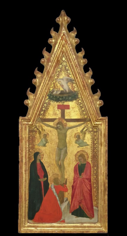 Gabled panel by Allegretto Nuzi on gold ground in a frame with crockets: Christ dead on the Cross between two small mourning angels; Mary Magdalene in red kneels and embraces the foot of the Cross on a rocky ground; the Virgin in a dark mantle over a red gown stands on the left with hands joined, and Saint John in a red mantle over a green tunic stands on the right with head bowed; in the gable a pelican feeds its young in a green nest above the red titulus