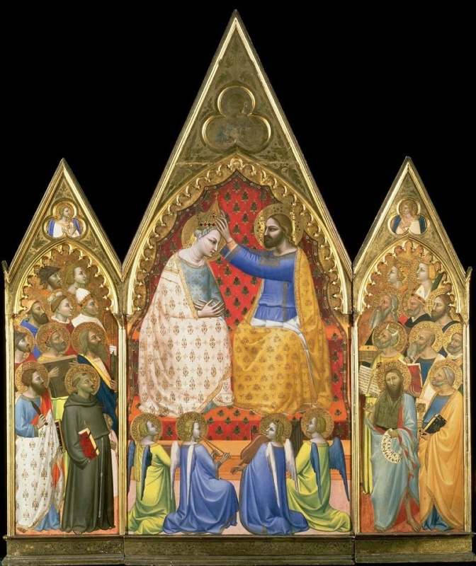 Gothic triptych by Allegretto Nuzi on gold ground: in the centre Christ in a blue tunic and golden mantle crowning the Virgin, who bows with hands crossed in a white patterned mantle, both seated on a throne draped in red with a green pattern, with four kneeling angels in blue and yellow playing instruments below; in the side panels crowds of haloed saints and prophets turned toward the centre, including Saint Francis in a brown habit on the left and Saint John the Baptist with a scroll and Saint Peter with keys and a book on the right; two small adoring angels in trefoils in the side gables