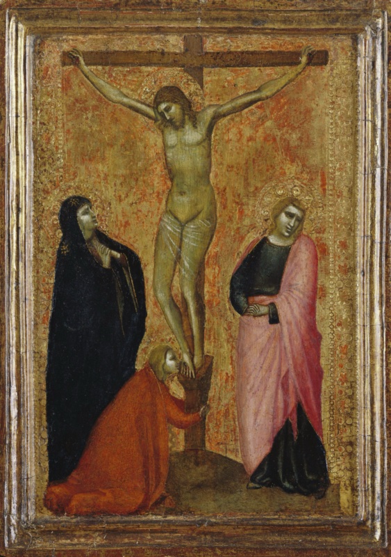 Small rectangular panel by Allegretto Nuzi on a worn gold ground showing red underlayer: Christ dead on the Cross above a dark mound; Mary Magdalene in orange-red kneels, embraces the Cross and presses her face to his feet; on the left the Virgin in a dark mantle with a gold star looks up with her hand at her throat; on the right Saint John in a pink mantle over a dark green tunic stands with hands clasped and head bowed