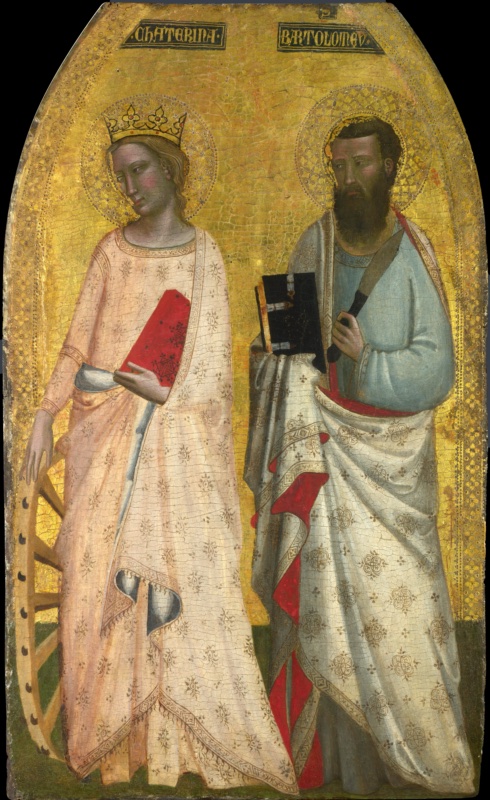 Arched gold-ground panel with two standing saints on green ground, named on black tablets above: on the left Saint Catherine, crowned, in a pale pink gown with small patterns, holding a red book and resting her hand on a large spiked wheel; on the right Saint Bartholomew, bearded, in a light blue tunic and a white mantle with rosettes and red lining, holding a black book and a large knife; both turn toward the left