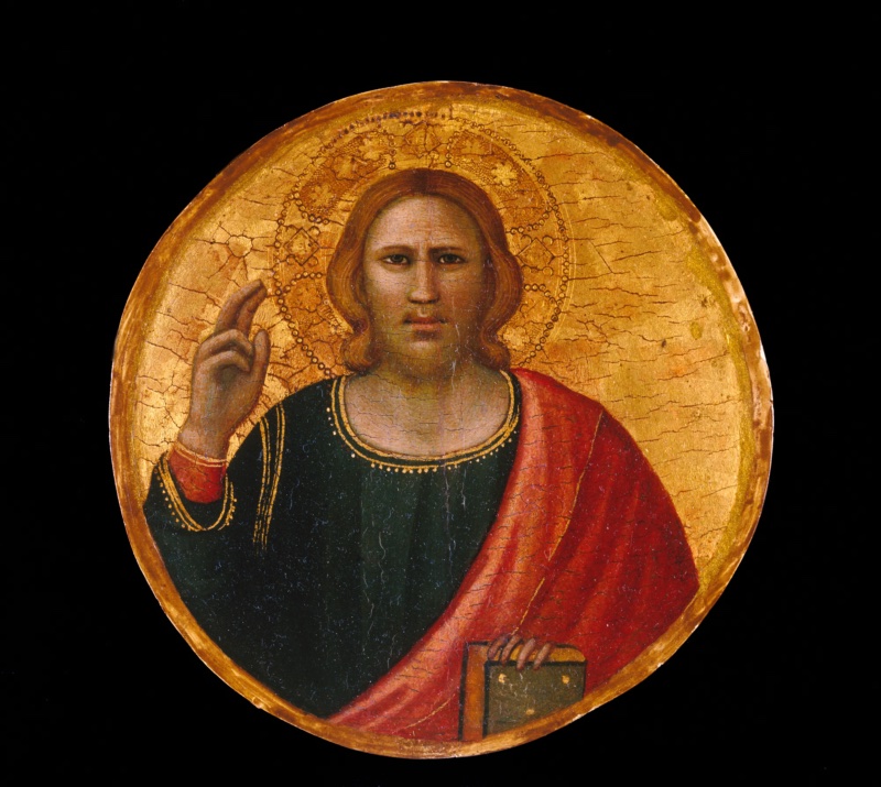 Small round panel by Allegretto Nuzi on gold ground, set in a square gilded surround on red velvet: Christ in half-length facing the viewer, with long light-brown hair, a short beard and a punched cross halo, wearing a blue-green tunic and a red mantle, raising his right hand in blessing and holding a closed green book in his left