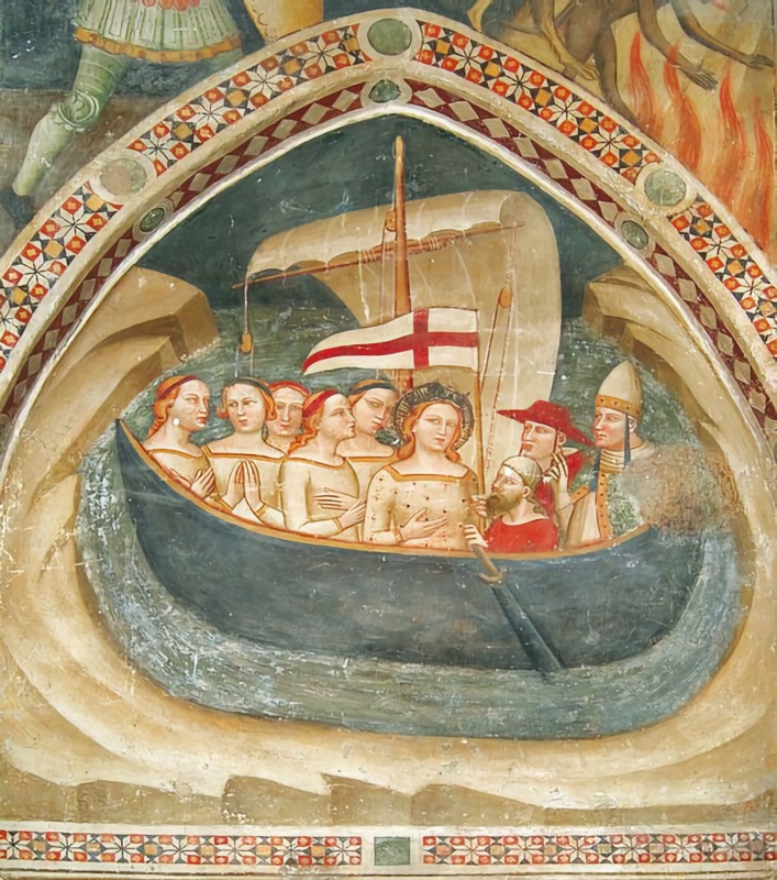 Fresco by Allegretto Nuzi and workshop in a pointed lunette framed by a band of red, white and green geometric ornament. A dark boat sails across a grey-green sea between two ochre rocky shores. On the left, Saint Ursula's red-haired companions stand in a close row with hands joined in prayer; at the centre Ursula, haloed and in a pale gown with red dots, crosses her hands on her breast. On the right stand a cardinal in a red hat, Pope Cyriacus in a tall white tiara, and a bearded helmsman in red working the steering oar. A white sail and a white banner with a red cross rise above the passengers. Fragments of other scenes, an armoured leg and flames, are visible above the frame
