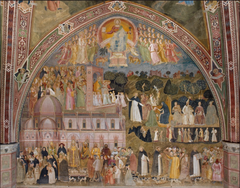 Santa Maria Novella, Spanish Chapel: the east wall, with Christ in Glory in a mandorla above, St Dominic leading the saved to the gate of Paradise, the pope and emperor enthroned before a pink domed church, and the black-and-white Dominican hounds routing the wolves of heresy