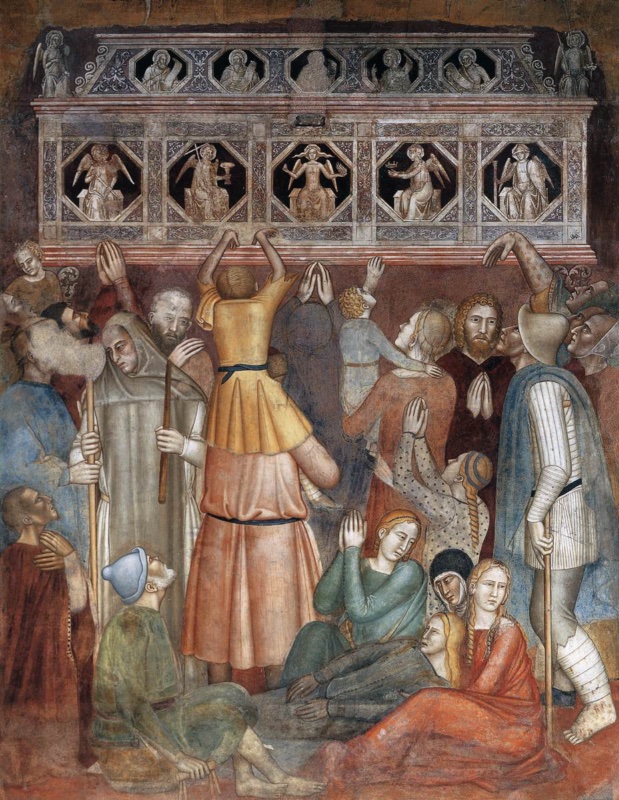 Fresco detail by Andrea di Bonaiuto showing sick and crippled pilgrims praying and reaching up to touch the raised marble tomb of St Peter Martyr, south wall of the Spanish Chapel, Santa Maria Novella, Florence, 1366-67