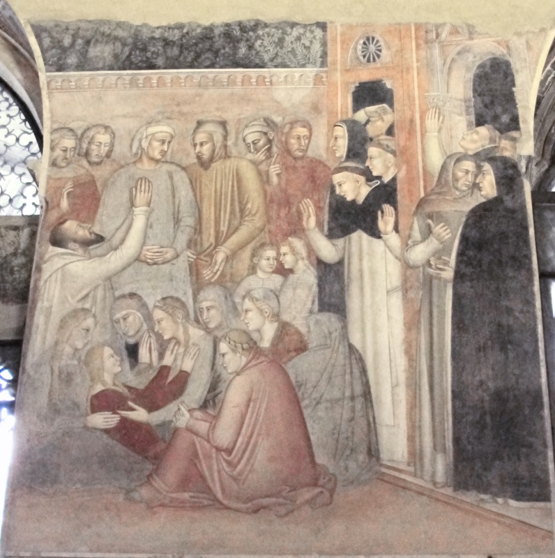 Fresco by Andrea di Bonaiuto showing the paralytic Agata, a young woman in red, rising healed among astonished onlookers and Dominican friars, from the Scenes of the Life of St Peter Martyr, entrance wall of the Spanish Chapel, Santa Maria Novella, Florence, 1366-67