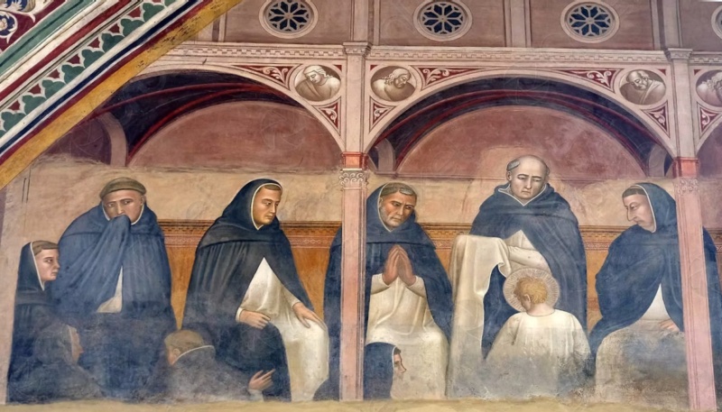 Fresco by Andrea di Bonaiuto showing the young St Peter Martyr, haloed and seen from behind, receiving the white Dominican habit from an elderly friar beneath a pink arcade, with friars in black cappas looking on, from the Scenes of the Life of St Peter Martyr, entrance wall of the Spanish Chapel, Santa Maria Novella, Florence, 1366-67
