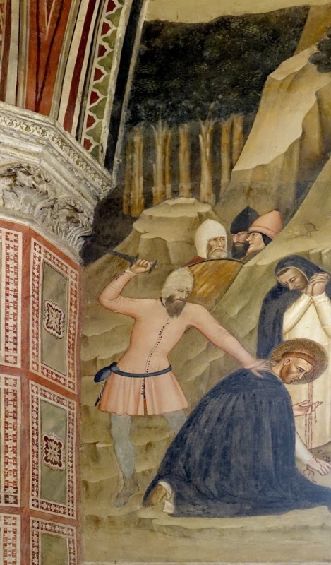 Fresco by Andrea di Bonaiuto showing the martyrdom of St Peter of Verona: an assassin in a pink tunic raises a curved blade over the kneeling, bleeding Dominican saint in a rocky landscape with a dark forest above, from the Scenes of the Life of St Peter Martyr, entrance wall of the Spanish Chapel, Santa Maria Novella, Florence, 1366-67