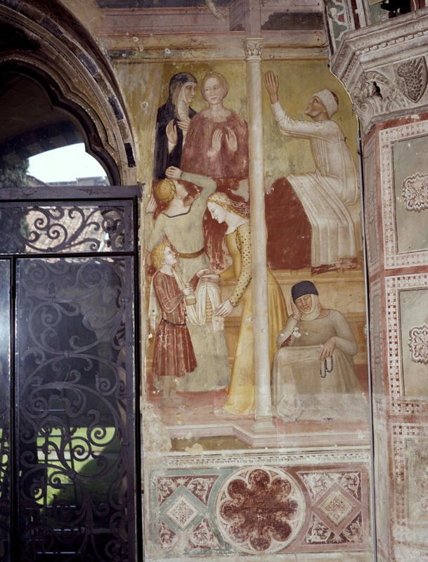 Documentation photograph showing Andrea di Bonaiuto's fresco of the apparition of St Peter Martyr to the sick Rufino di Canapiccio in its setting on the entrance wall of the Spanish Chapel, beside the portal with its iron gate opening onto the Chiostro Verde, above the painted quatrefoil dado, Santa Maria Novella, Florence, 1366-67