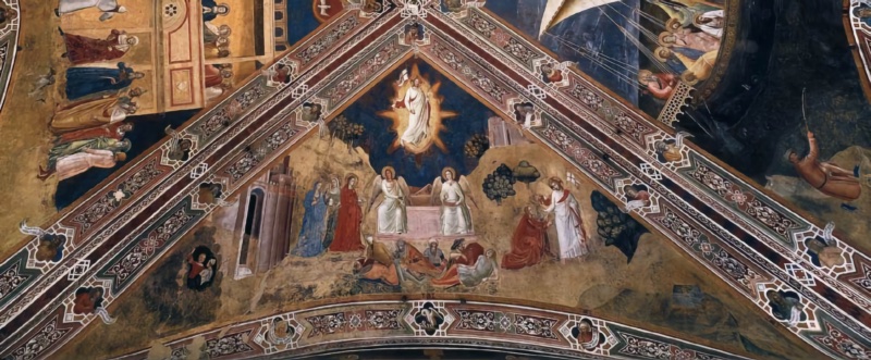 Fresco by Andrea di Bonaiuto showing the Resurrection: Christ rising with a cross banner in a mandorla of golden rays above the empty pink sarcophagus with two seated angels, the three Maries approaching from a city gate, sleeping soldiers below, and the Noli me tangere with the kneeling Magdalene at right, vault cell above the Passion wall, Spanish Chapel, Santa Maria Novella, Florence, 1366-67