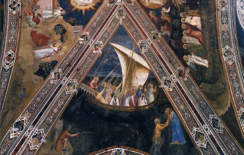 Fresco by Andrea di Bonaiuto showing the Navicella: the apostles' ship with a great swollen sail tossed on a dark stormy sea, Christ standing on the water at lower right grasping the sinking St Peter by the wrist, and a fisherman angling on the shore at lower left, vault cell above the east wall, Spanish Chapel, Santa Maria Novella, Florence, 1366-67