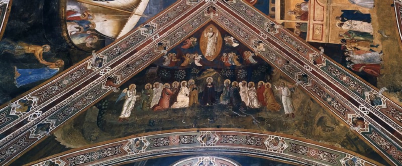 Fresco by Andrea di Bonaiuto showing the Ascension: Christ rising in a golden mandorla amid music-making angels, with the Virgin standing at centre in prayer, the apostles kneeling in two groups on the Mount of Olives, and two white-robed angels gesturing at the edges, vault cell above the entrance wall, Spanish Chapel, Santa Maria Novella, Florence, 1366-67