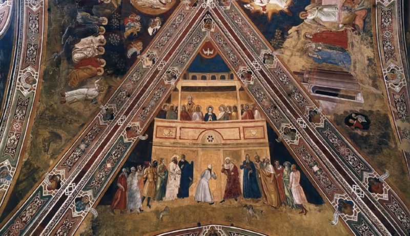 Fresco by Andrea di Bonaiuto showing the Pentecost: the dove of the Holy Spirit descending toward the praying Virgin and apostles gathered in an open upper loggia, while a crowd of men from many nations in turbans and exotic dress gathers before the closed door below, vault cell above the west wall, Spanish Chapel, Santa Maria Novella, Florence, 1366-67