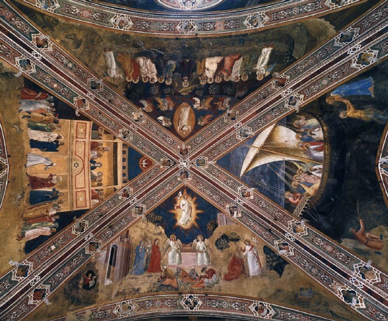 The quadripartite vault of the Spanish Chapel seen from below, with Andrea di Bonaiuto's four frescoed cells — Resurrection, Ascension, Navicella and Pentecost — radiating around the crossing of ribs sheathed in ornamental borders with prophet medallions, Santa Maria Novella, Florence, 1366-67