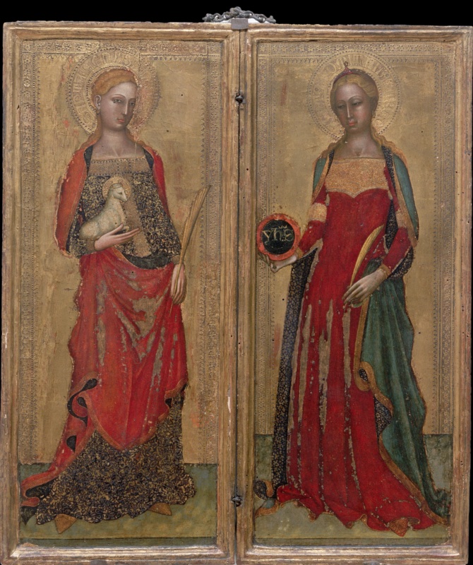 Portable diptych by Andrea di Bonaiuto showing St Agnes with a haloed lamb and martyr's palm and the crowned St Domitilla holding a disc with the yhs monogram, both in red and gold against punched gold grounds, tempera on panel, c. 1365-1370, Galleria dell'Accademia, Florence