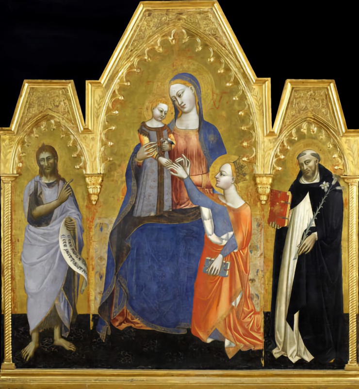 Triptych by Niccolò di Tommaso showing the Mystic Marriage of St Catherine: the enthroned Virgin holds the Christ Child as he places a ring on the finger of the crowned saint, flanked by St John the Baptist with a scroll and St Dominic with book and lily, tempera and gold on panel, third quarter of the 14th century, Palais Fesch, Ajaccio