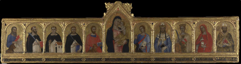 Long narrow panel by Andrea di Bonaiuto showing the Virgin and Child in a central gabled arch flanked by ten named saints in arcaded compartments with spiral colonnettes on gold ground, including three Dominican saints, three evangelists with their symbols, Catherine, the Magdalene, Gregory and Thomas Becket, egg tempera on poplar, c. 1365-70, National Gallery, London