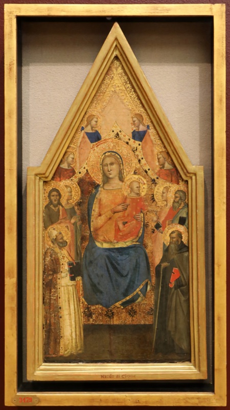 Gabled panel attributed to the circle of the Cione, possibly the young Andrea di Bonaiuto, showing the Virgin enthroned in blue pointing to the Christ Child in red, surrounded by four angels and six saints including John the Baptist, a bishop and Anthony Abbot, against tooled gold, centre of a dispersed portable triptych, c. 1350-70, Statens Museum for Kunst, Copenhagen