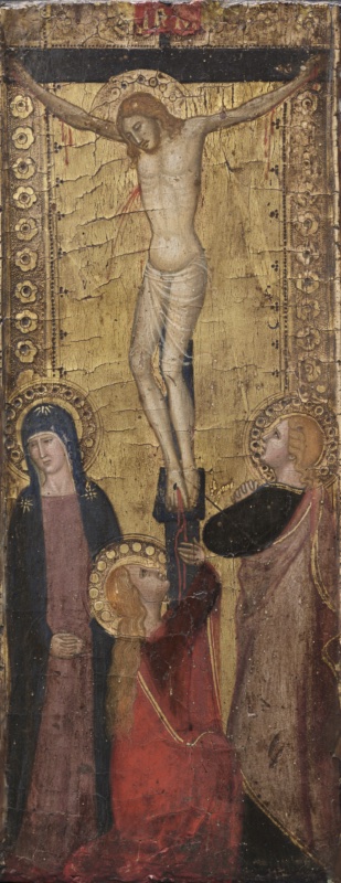 Small devotional panel attributed to Andrea da Firenze showing Christ crucified against punched gold with blood streaming from his wounds, the star-spangled Virgin in blue at left, St John with a book at right, and the red-cloaked Magdalene kneeling and reaching up to Christ's bleeding feet, tempera and gold on walnut, c. 1360s, Cleveland Museum of Art