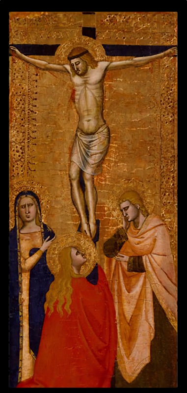 Small vertical panel attributed to the young Andrea di Bonaiuto showing the Crucifixion against an unbroken tooled gold ground: Christ on the dark cross, thorn-crowned head sunk toward his right shoulder and blood threading from hands, side and feet, with the Virgin in a blue mantle over an orange gold-patterned gown at left, St John the Evangelist in rose pressing a hand to his cheek and clasping a dark tooled book at right, and the Magdalene in red kneeling at the foot of the cross, her golden hair loose down her back, tempera and gold on wood, c. 1360-80, right wing of a dispersed portable triptych, Museum of Fine Arts, Houston