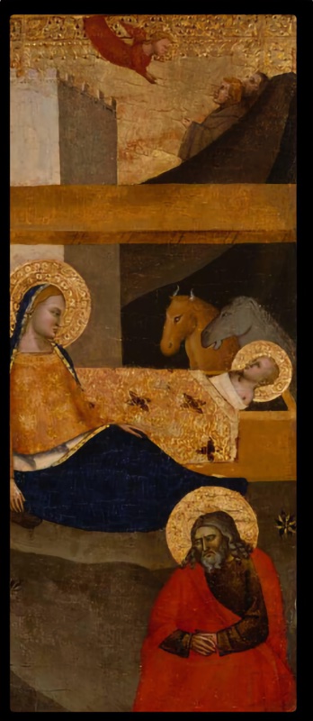 Small vertical panel attributed to the young Andrea di Bonaiuto showing the Nativity: the Virgin in blue reclining beside the gold-brocaded manger with the Christ Child, ox and ass behind, Joseph seated in red below, and an angel announcing to shepherds above the stable beam, tempera and gold on wood, c. 1360-80, Museum of Fine Arts, Houston
