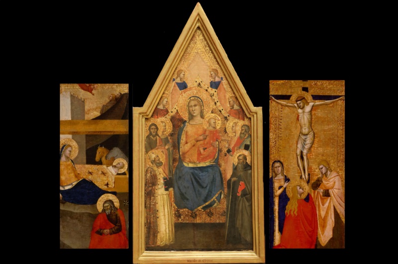 Digital reconstruction of a dispersed Florentine portable triptych attributed to the young Andrea di Bonaiuto: the Nativity on the left wing and the Crucifixion on the right wing, both Museum of Fine Arts Houston, flanking the gabled central panel of the Virgin and Child enthroned with saints and angels, Statens Museum for Kunst Copenhagen, tempera and gold on panel, c. 1350-80