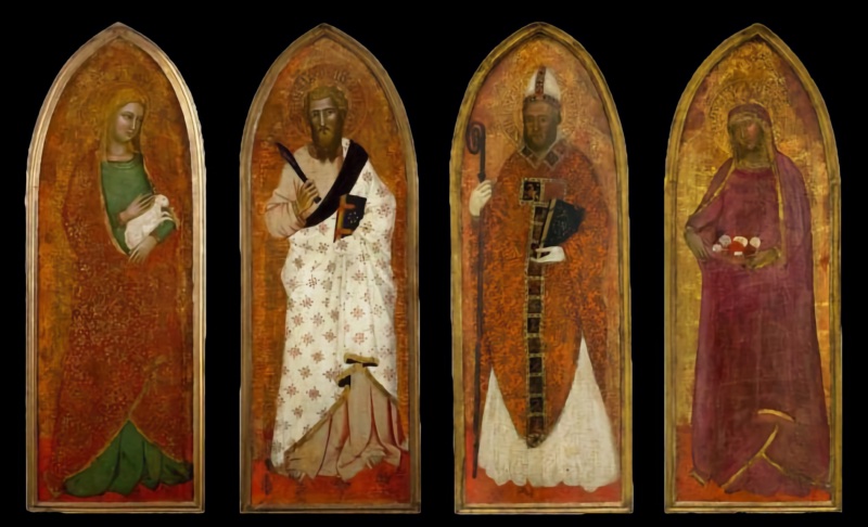 The four surviving laterals of a dismembered polyptych attributed to Andrea di Bonaiuto, set side by side in their presumed order against black: St Agnes in a green gown and gold-worked orange mantle cradling a white lamb, St Bartholomew in a white mantle strewn with red flowerets holding a flaying knife and a book, St Nicholas of Bari in a jewelled mitre and orange-gold cope with crozier, and St Elizabeth of Hungary in a rose-violet mantle holding roses, each standing full-length under an ogival arch against tooled gold, mid-1360s, Museum of Fine Arts, Houston