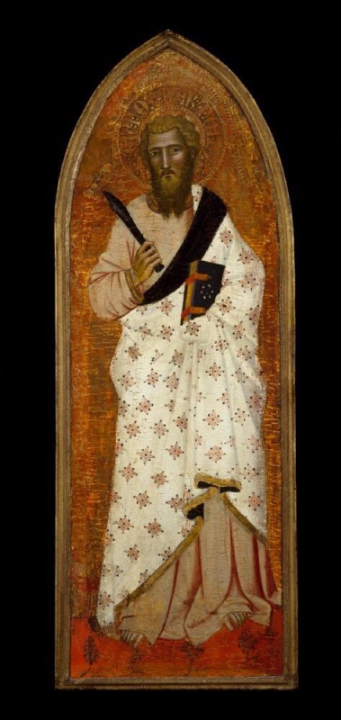 Tall gabled panel attributed to Andrea di Bonaiuto showing the apostle St Bartholomew standing frontally in a white mantle strewn with red and gold flowerets, holding a flaying knife upright and a dark book, against tooled gold, lateral of a dismembered polyptych, mid-1360s, Museum of Fine Arts, Houston