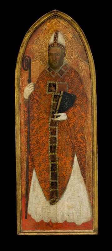 Tall gabled panel attributed to Andrea di Bonaiuto showing St Nicholas of Bari standing in a jewelled white mitre and orange-gold brocaded cope with a dark jewelled orphrey, holding a crozier and a gem-studded book, against tooled gold, lateral of a dismembered polyptych, mid-1360s, Museum of Fine Arts, Houston
