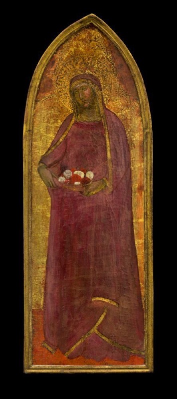 Tall gabled panel attributed to Andrea di Bonaiuto showing St Elizabeth of Hungary crowned and veiled in a deep crimson mantle, holding roses gathered in a fold of her mantle, against tooled gold, lateral of a dismembered polyptych, mid-1360s, Museum of Fine Arts, Houston