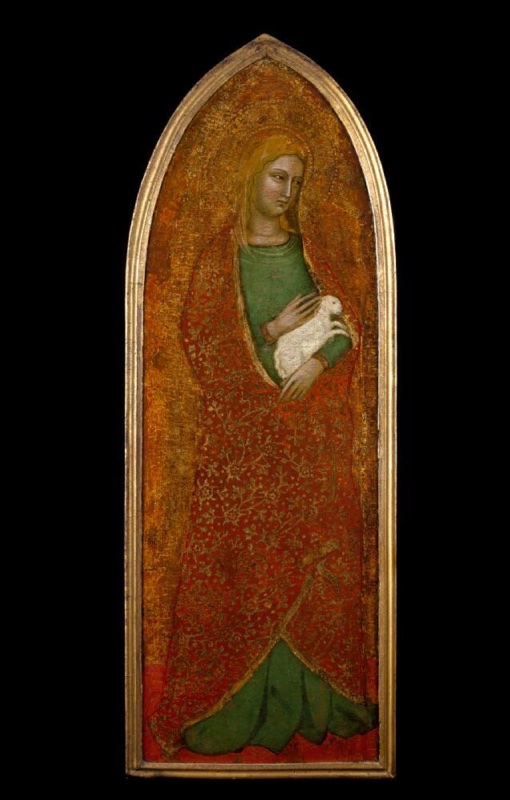 Tall gabled panel attributed to Andrea di Bonaiuto showing St Agnes standing in a green gown and gold-worked orange mantle, cradling a white lamb against a tooled gold ground, lateral of a dismembered polyptych, mid-1360s, Museum of Fine Arts, Houston