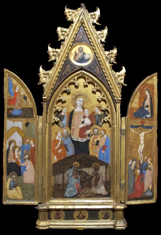 Central panel of a portable triptych attributed to Andrea di Bonaiuto in its original gabled Gothic frame with a roundel of the blessing Redeemer, showing the Virgin and Child with two angels and four saints including St Peter with keys above a Nativity with the Virgin and Joseph kneeling around the Child; Left wing showing the kneeling angel of the Annunciation above the Adoration of the Magi, with the eldest king kneeling at the Child's feet and Joseph seated pensively below; Right wing showing the seated Virgin Annunciate above a Crucifixion with the swooning Virgin among the holy women, St John, and the Magdalene in yellow kneeling at the foot of the cross, tempera and gold on panel, Pushkin Museum, Moscow