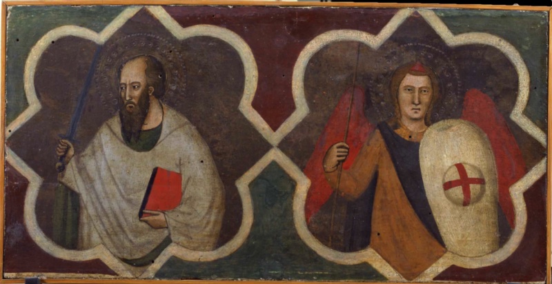 Left half of a predella compartment attributed to Andrea di Bonaiuto showing St Paul half-length in a white-bordered quatrefoil, bald with a long dark beard, raising a sword and holding a red book, tempera on poplar, 1370-77, Pinacoteca Vaticana; Right half of a predella compartment attributed to Andrea di Bonaiuto showing St Michael the Archangel half-length in a quatrefoil, with red wings, a lance, and a tall white shield bearing a red cross, tempera on poplar, 1370-77, Pinacoteca Vaticana