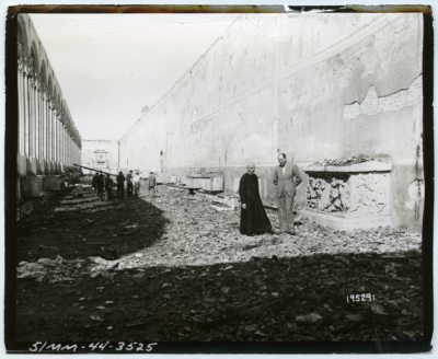 Civilians and Clergy Look Over the Ruins of the North Wall of Camposanto, Pisa