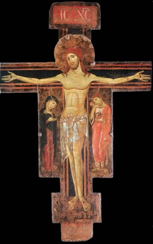 Painted cross with a slender, living Christ on a dark ground framed by red bands. His head, under a raised gilded halo, tilts towards his right shoulder with a sorrowful expression, and a thin white loincloth is knotted at the centre. Gold side panels show the Virgin in a dark blue mantle and Saint John in a red mantle, each raising a hand to the cheek in grief. The red top panel bears the monogram IC XC, and the ends of the crossbar have been cut away
