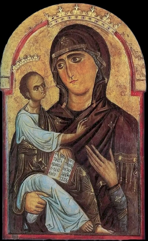 Arched gold-ground panel within a raised red frame. The Virgin, in a dark purple mantle marked with gold stars, holds the Christ Child on her right arm and raises her other hand towards him. The Child wears a pale blue tunic and a gold-hatched mantle, holds an open book inscribed in Greek, and looks up at his mother. Both figures wear applied metal crowns
