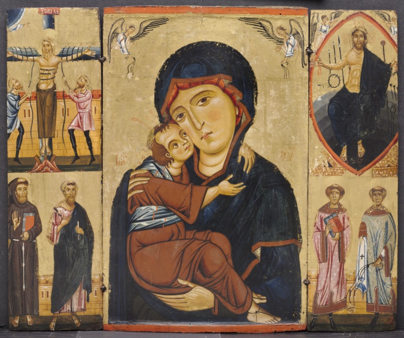 Small open triptych on gold ground. In the centre the Virgin, in a dark blue mantle, holds the Christ Child, who embraces her with his cheek pressed to hers, while two angels fly in the upper corners. The left wing shows the Crucifixion of Saint Andrew above Saints Francis and Paul; the right wing shows Christ in a mandorla with the instruments of the Passion above the deacon saints Stephen and Lawrence