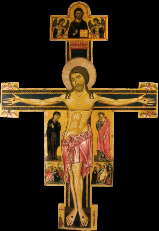 Painted cross with a living Christ on a dark blue ground edged with red pearled bands. His head, under a gilded halo, inclines to one side, and he wears a long pink loincloth. Gold side panels show the Virgin in a dark mantle and Saint John in a pink mantle, above small scenes of the Capture of Christ and the Holy Women at the Tomb. At the top Christ blesses between two angels, small winged Evangelist symbols occupy the ends of the arms, and small figures flank the feet