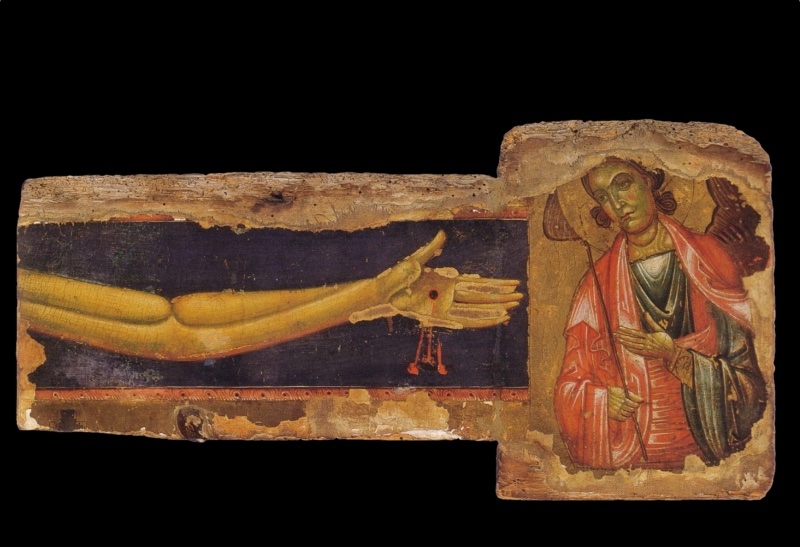 Damaged fragment of the end of a painted cross. A long horizontal arm of Christ, modelled in greenish-yellow flesh, lies against a dark blue ground framed by red bands with rows of small circles. The open hand is pierced by a nail wound from which three streams of blood fall. To the right, in the square terminal, a young winged figure with curly hair and a halo, in a red mantle over a blue-green tunic, holds a thin staff and inclines his head sorrowfully