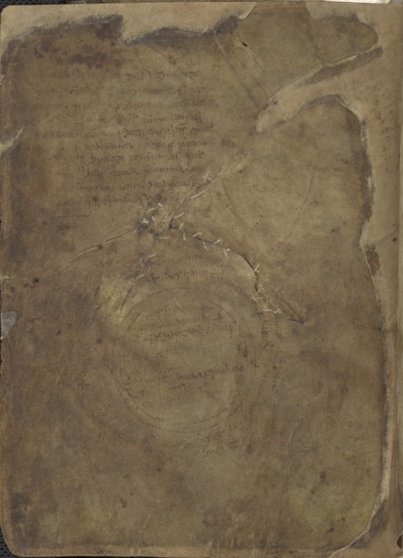 Severely stained brown vellum leaf, the last of the Book of Mulling. Faint lines of small Irish minuscule containing a liturgical office survive in the upper left; the circular diagram — two barely visible concentric circles with faded Irish captions — occupies the lower centre of the page. A long branching tear runs diagonally across the middle of the leaf, closed with visible zigzag thread stitching, and a large irregular lighter repair patch fills the damaged upper right corner.