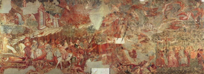Large medieval fresco of the Triumph of Death by Buonamico Buffalmacco in the Camposanto of Pisa, c. 1336–41. At left, richly dressed riders halt before three coffins holding decaying corpses while a hermit displays a scroll; above, anchorites live peacefully in a rocky wilderness. At centre, Death as a winged hag with a scythe swoops over a mound of dead popes, kings, and nobles, as angels and demons fight over small nude souls. At right, young men and women make music in an orange grove, unaware of Death approaching.