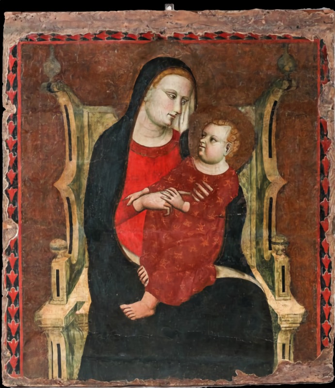 Nearly square medieval painting of the Virgin and Child on a dark red ground framed by a red-and-black border of leaf motifs. The Virgin, in a very dark blue mantle over a bright red dress, sits on a pale green and ochre Gothic throne with pointed openings and pinnacle finials, turning her head toward the Child. The curly-haired Christ Child, in a red tunic patterned with small gold stars, sits on her lap holding her hand. The edges of the panel are worn and damaged.