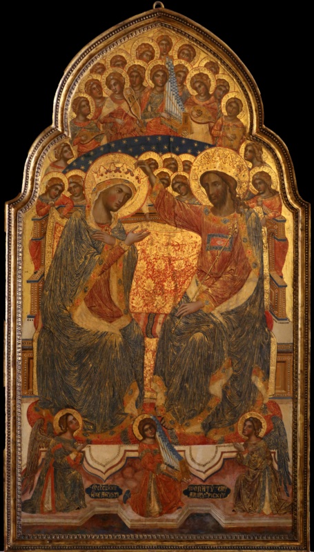 Tall arched gold-ground panel in a gilded frame: Christ, in a red tunic and a blue mantle streaked with gold, holds a sceptre and crowns the Virgin seated beside him on a wide throne hung with a red and gold cloth; a blue starry arc and a dense choir of haloed angels with a vielle, lutes, a psaltery and a portative organ rise above them, other angels lean over the throne, and three small angels kneel at its foot between two dark cartouches bearing the date 1372 and the painters' names