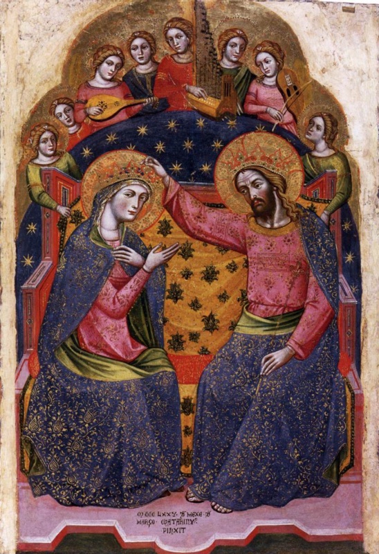 Arched gold-ground panel: Christ, crowned and in a rose tunic and gold-patterned blue mantle, sets a crown on the head of the Virgin seated beside him on a shared throne; behind them hang an orange cloth with dark floral motifs and a starry blue hemisphere, over which eight angels lean, some playing a lute, a portative organ and a vielle; a three-line signature with the date 1375 runs along the step below