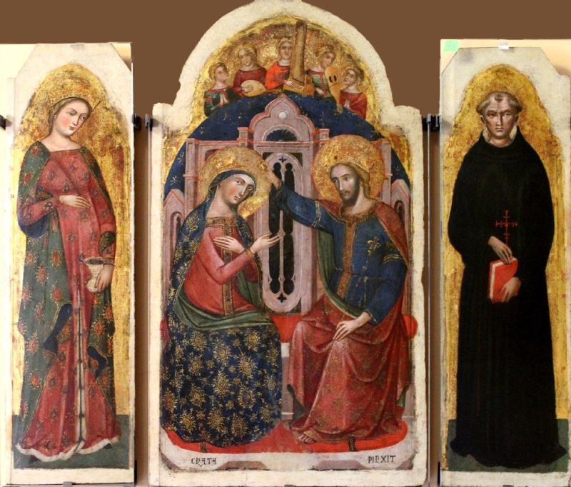 Three unframed gold-ground panels shown side by side. In the arched central panel Christ, in a blue tunic and red mantle, crowns the Virgin, who wears a blue mantle with large gold motifs; they sit on a pink Gothic throne before a starry blue arc with five angels above, and a fragmentary signature runs along the base. At the left stands Saint Lucy, crowned, in red and green, holding a lamp; at the right Saint Nicholas of Tolentino, in a black habit, holds a red book