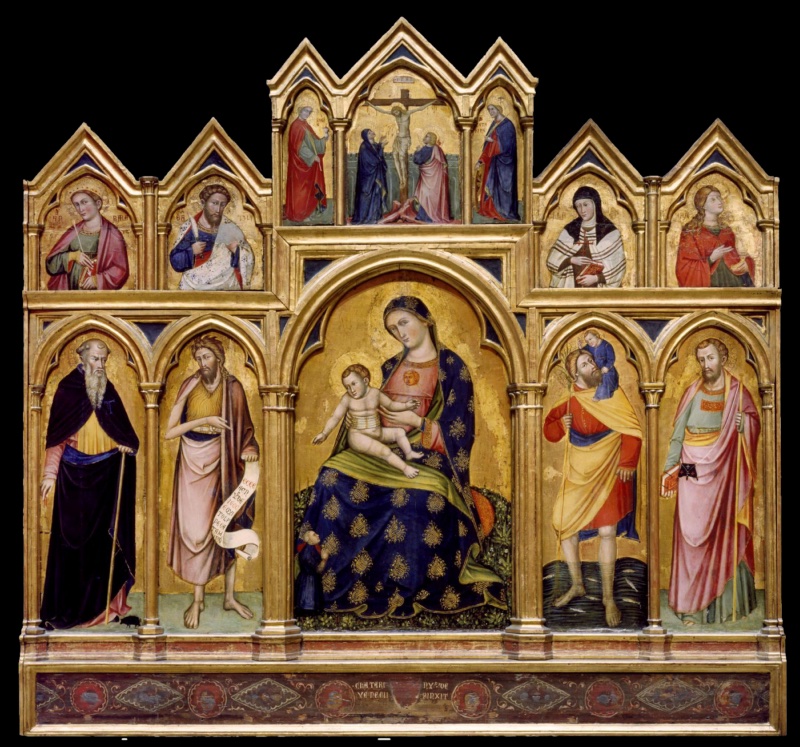 Gilded Gothic polyptych in three tiers. In the centre the Virgin, in a blue mantle with large gold motifs, sits on a flowering meadow holding the Child, with a tiny donor kneeling at her side. Four standing saints flank her: Anthony Abbot, John the Baptist, Christopher carrying the Christ Child through water, and James the Great. Above are four half-length saints and, at the top, a Crucifixion between two small standing female saints. A painted base carries the signature